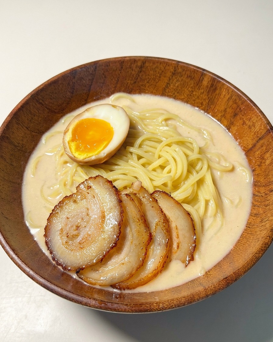 Eine Schüssel Ramen mit Chashu und einem halbierten weichgekochten Ei mit leuchtend orangefarbenem Dotter.