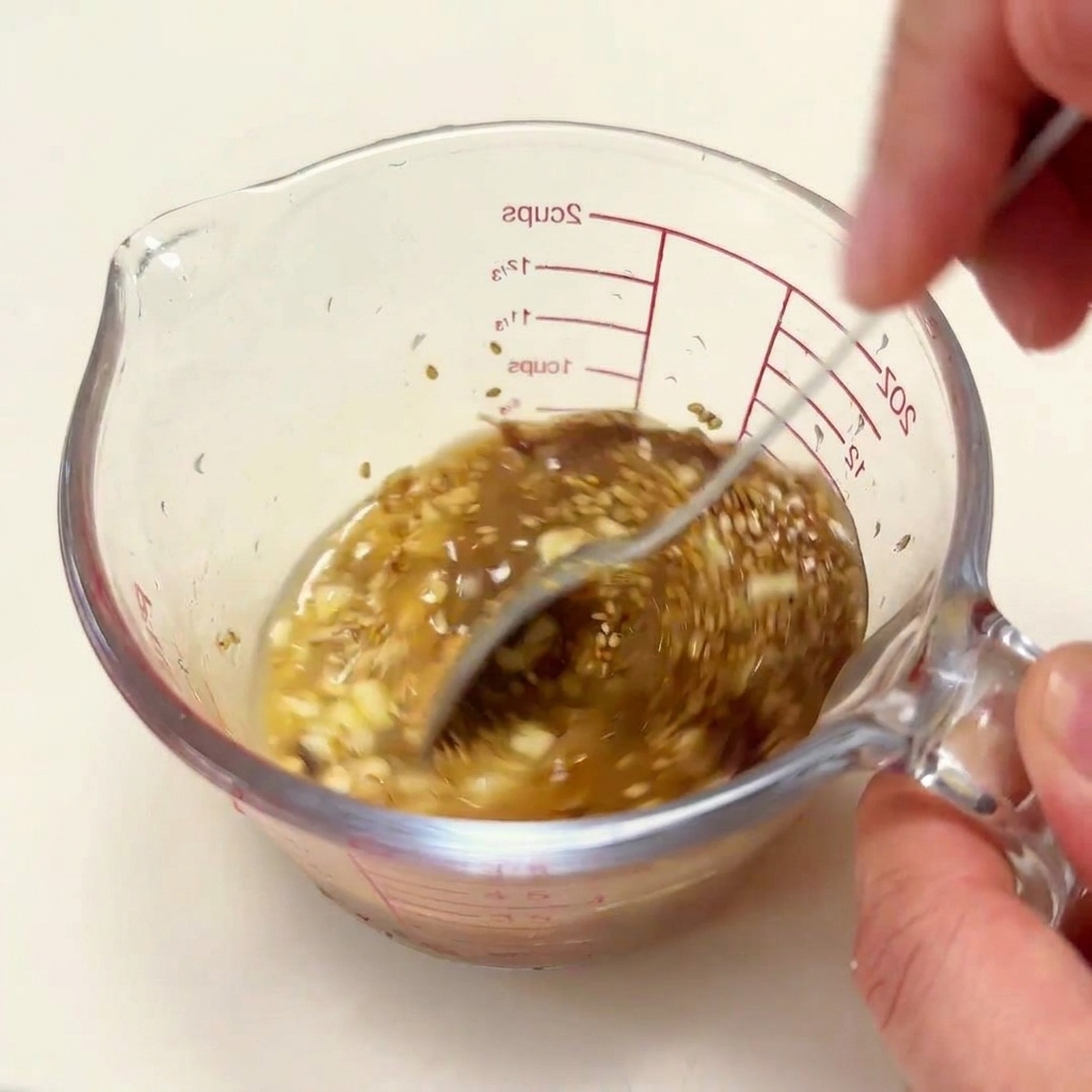 Eine Hand rührt die Mischung aus heißer Brühe, Miso und Gewürzen mit einem Metalllöffel um.
