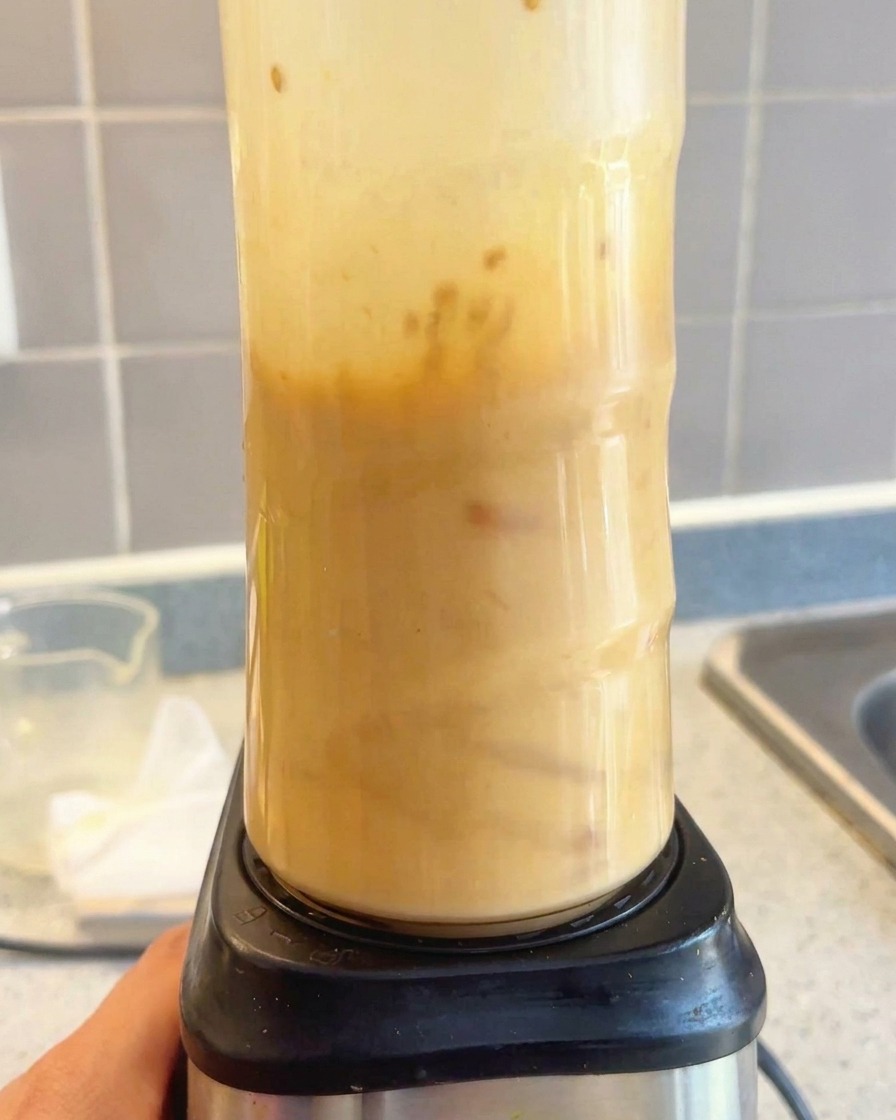Eine cremige, glatte Ramen-Würzbasis in einem Mixbehälter nach dem Pürieren.
