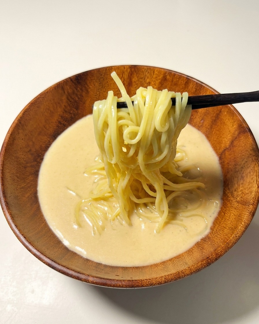 Gekochte Ramen-Nudeln werden mit dunklen Stäbchen in die cremige Brühe gelegt.