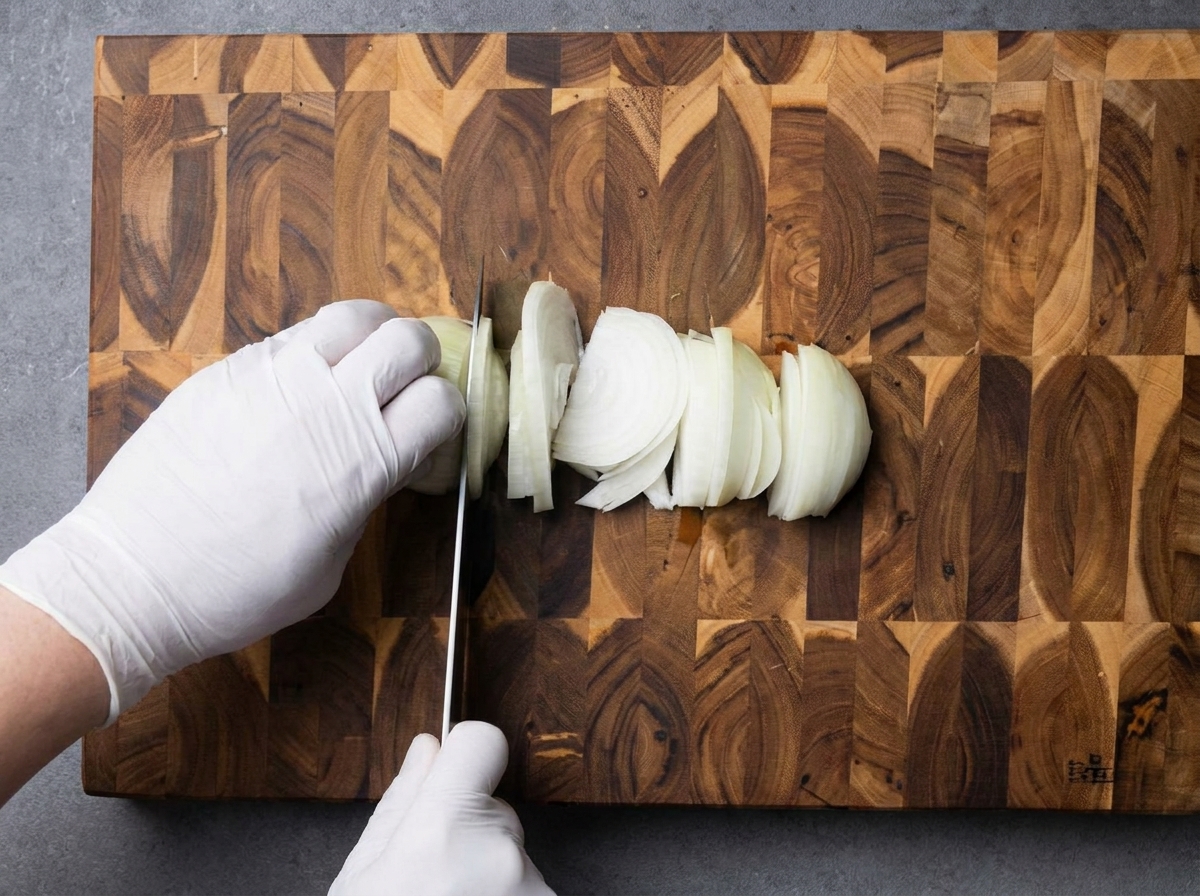 Dünne Zwiebelstreifen werden auf einem Holzbrett geschnitten.