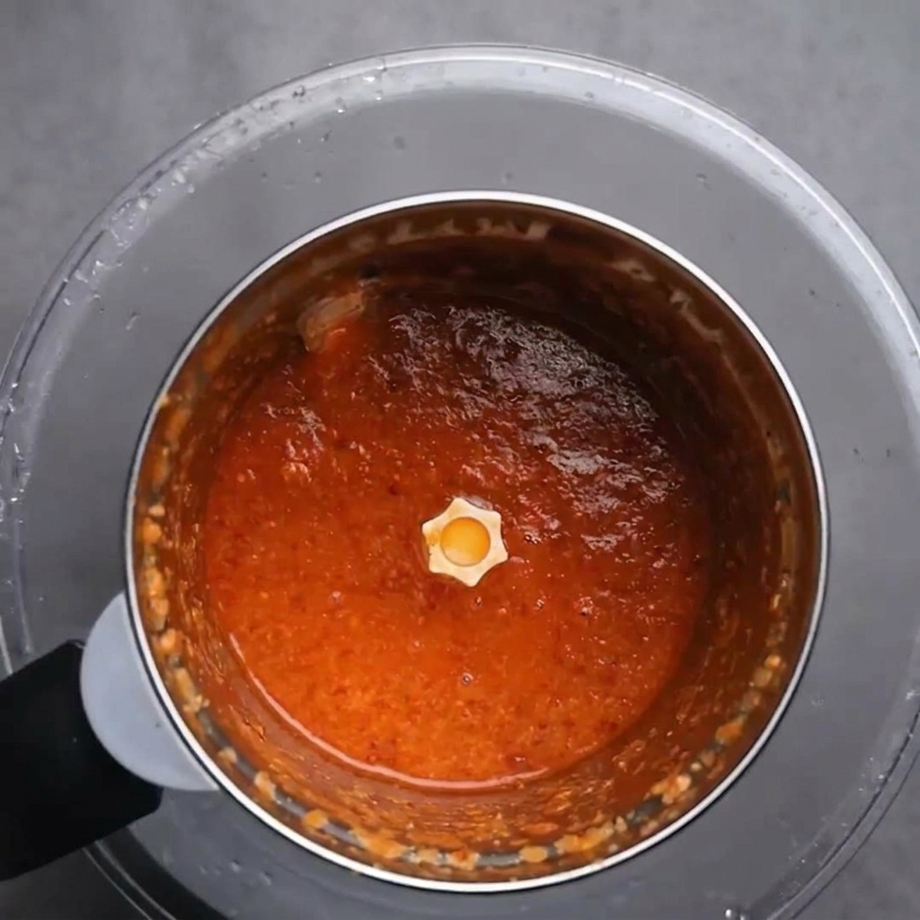 Ein glattes, tiefrotes Chilipüree in einem Mixerbehälter.
