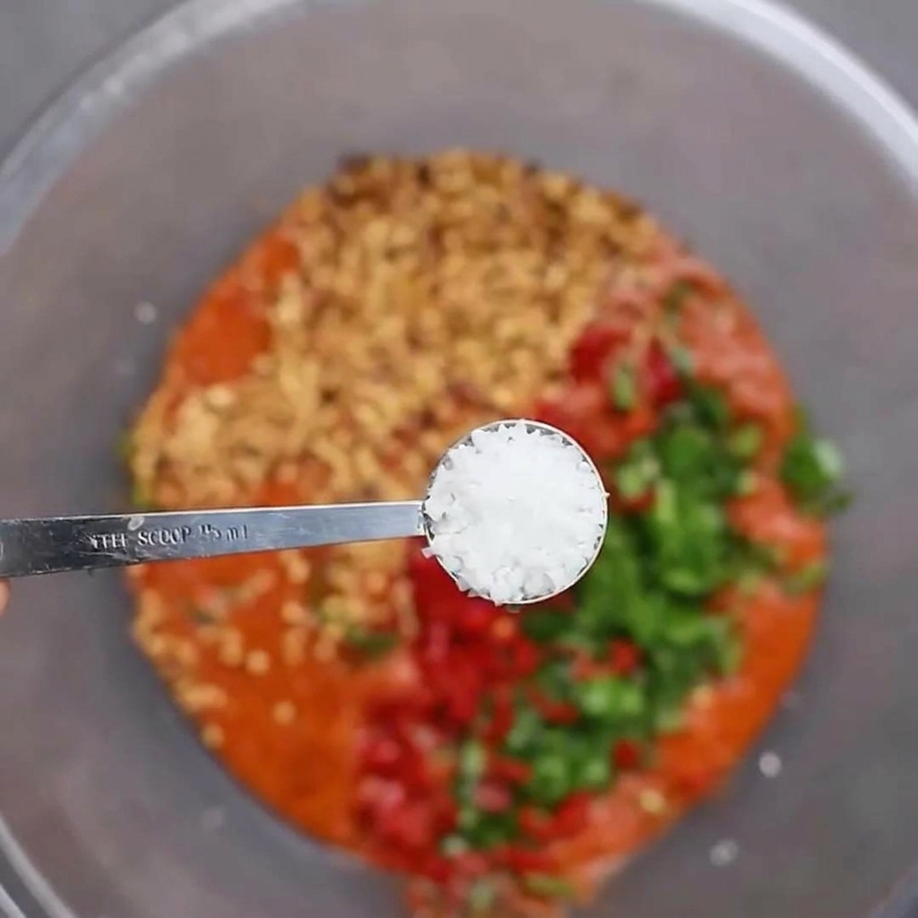 Meersalz wird zu einer Mischung aus Chilipaste, frischen Chilis und Knoblauch in eine große Schüssel gegeben.