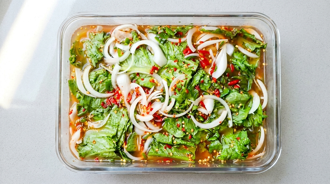 Erfrischendes koreanisches Kopfsalat-Wasser-Kimchi (Sangchu Mul-Kimchi)