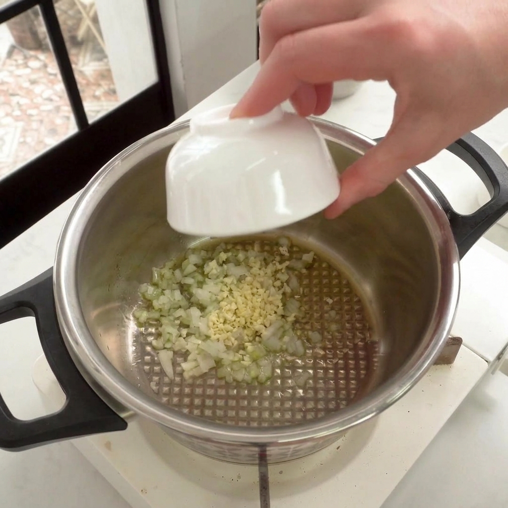 Fein gewürfelte Zwiebeln und Knoblauch werden aus einer Schale in einen Edelstahltopf gegeben.