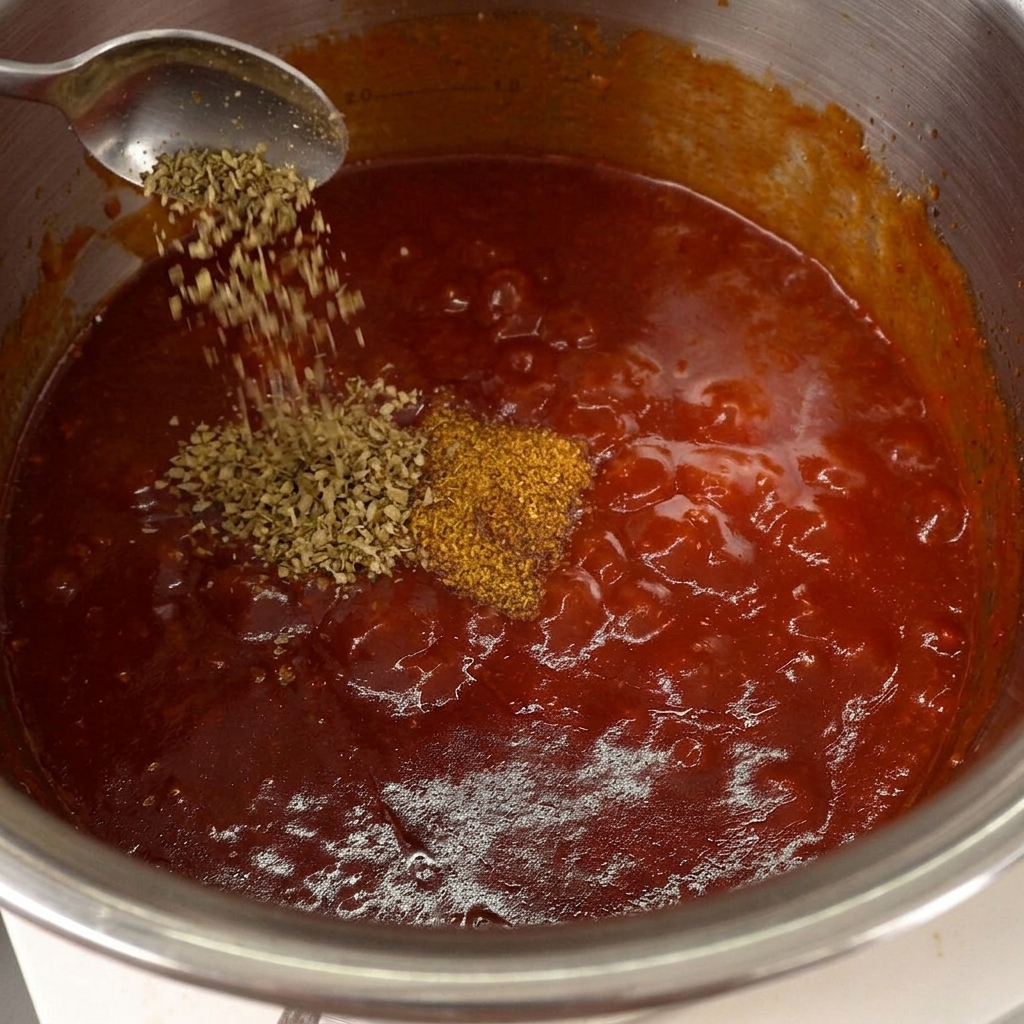 Ein Löffel gibt getrockneten Oregano und Kreuzkümmel in die dicke, rote BBQ-Sauce.