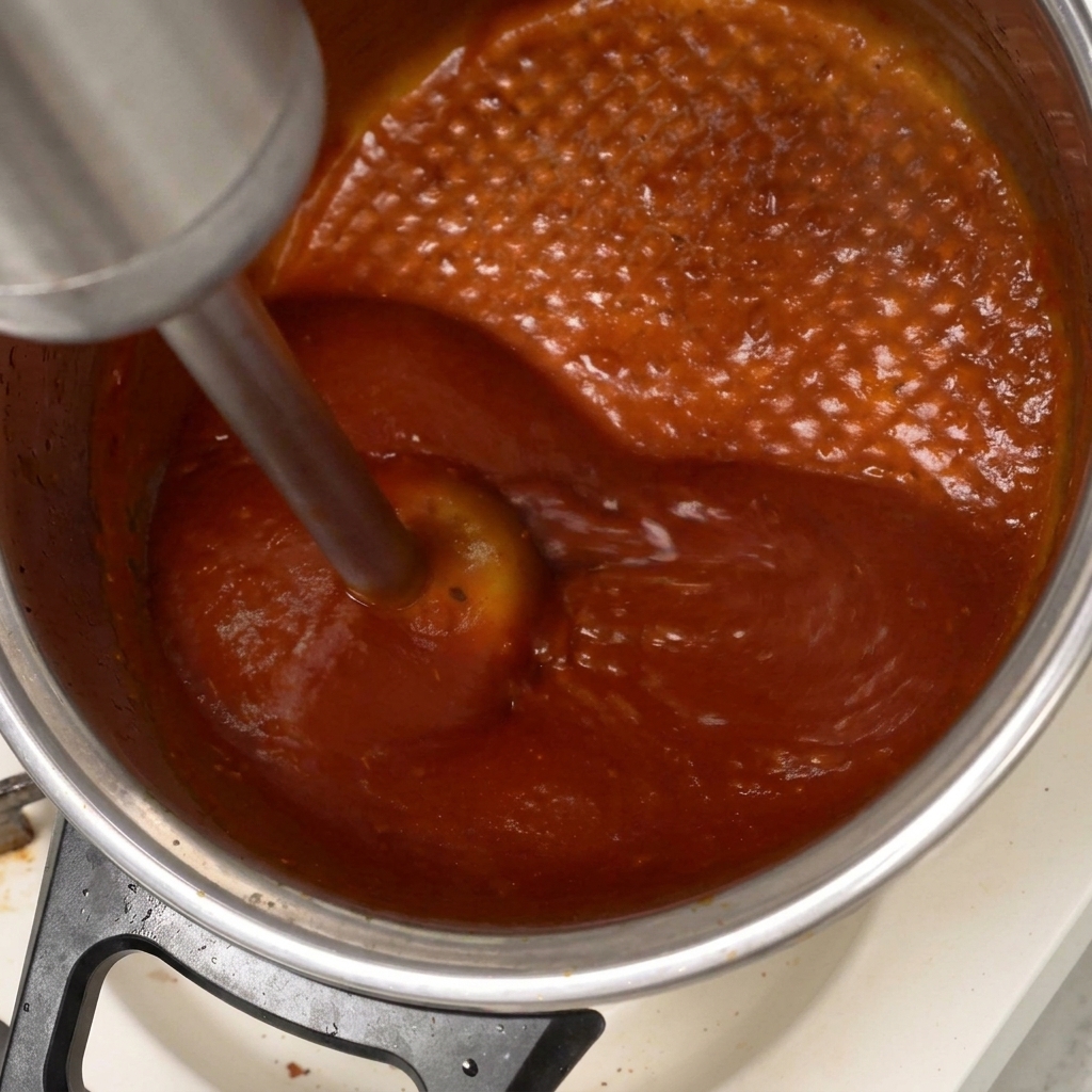 Ein Stabmixer püriert die dicke rote Barbecue-Sauce direkt im Kochtopf glatt.