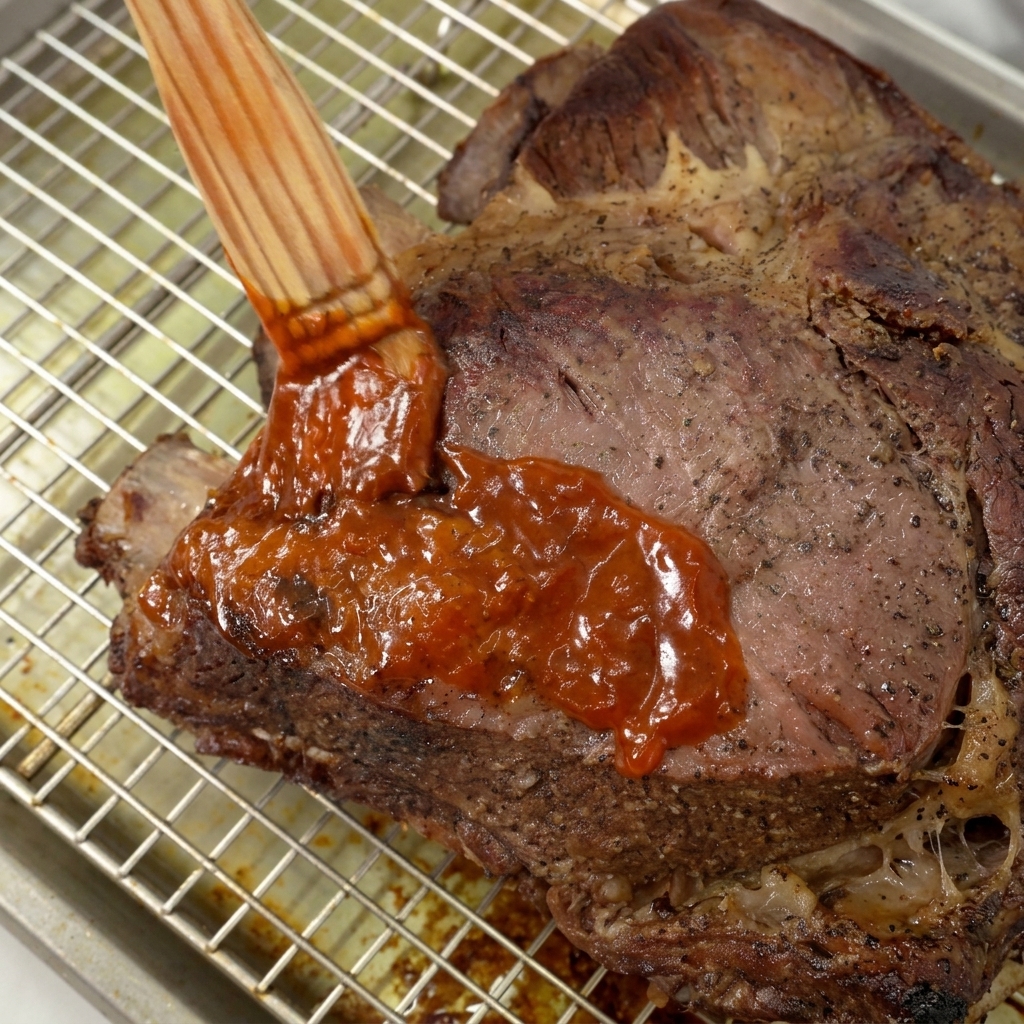 Ein Backpinsel verteilt eine dicke Schicht der roten BBQ-Sauce auf einer gegarten Rinderrippe.