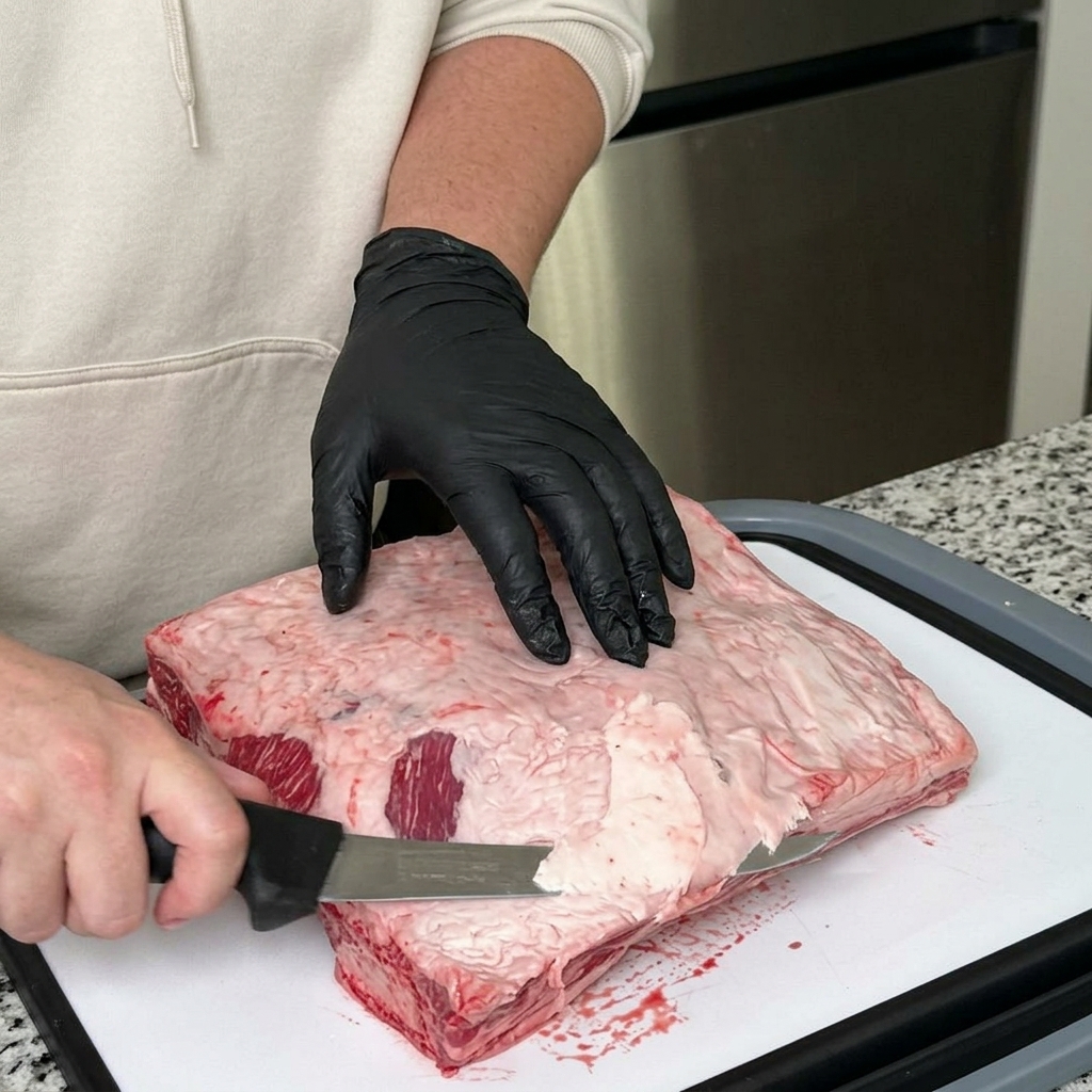 Eine Person mit schwarzen Handschuhen schneidet mit einem scharfen Messer Fett von einer großen Rinderrippe ab.