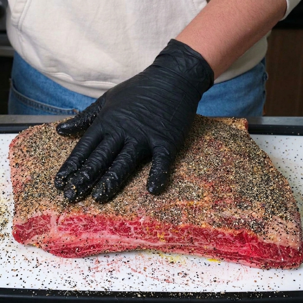 Eine Hand mit schwarzem Handschuh drückt die Salz-Pfeffer-Mischung auf den Rinderrippen fest.