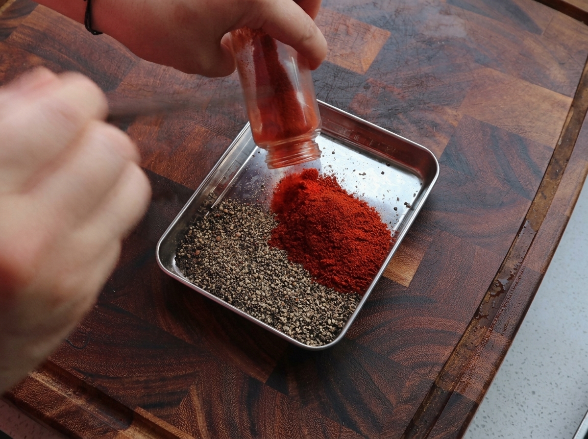 Hände schütten rotes, geräuchertes Paprikapulver aus einem kleinen Glas in eine Metallschale mit grobem schwarzen Pfeffer.