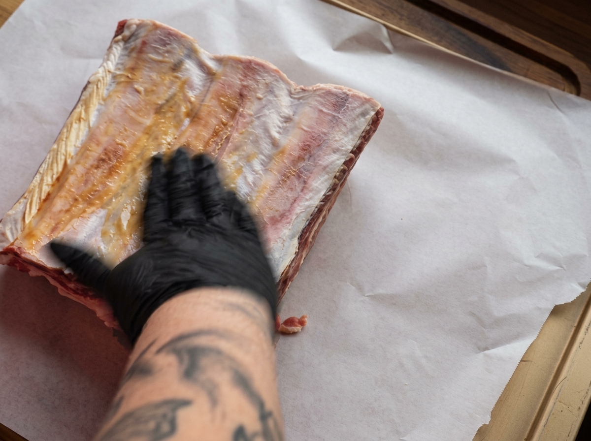 Eine Person mit schwarzen Handschuhen reibt eine flüssige Mischung aus Senf und Worcestershiresauce auf ein großes Stück roher Rinderrippen.