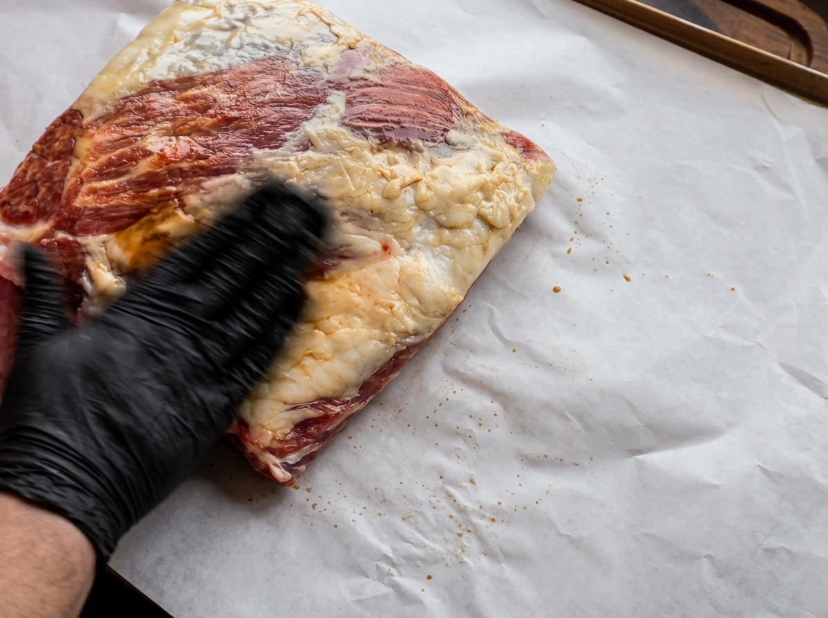 Eine behandschuhte Hand reibt eine Schicht aus gelbem Senf und dunkler Sauce über ein großes, rohes Rinderrippchen auf Backpapier.