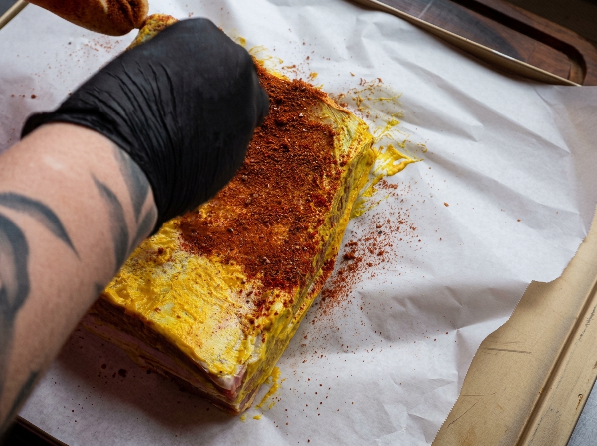 Eine behandschuhte Hand streut und drückt eine rote Gewürzmischung auf ein großes, mit Senf bestrichenes Rinderrippchen.