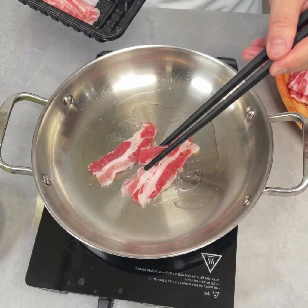 Mit Stäbchen werden rohe Schweinebauchscheiben in eine Edelstahlpfanne gelegt.