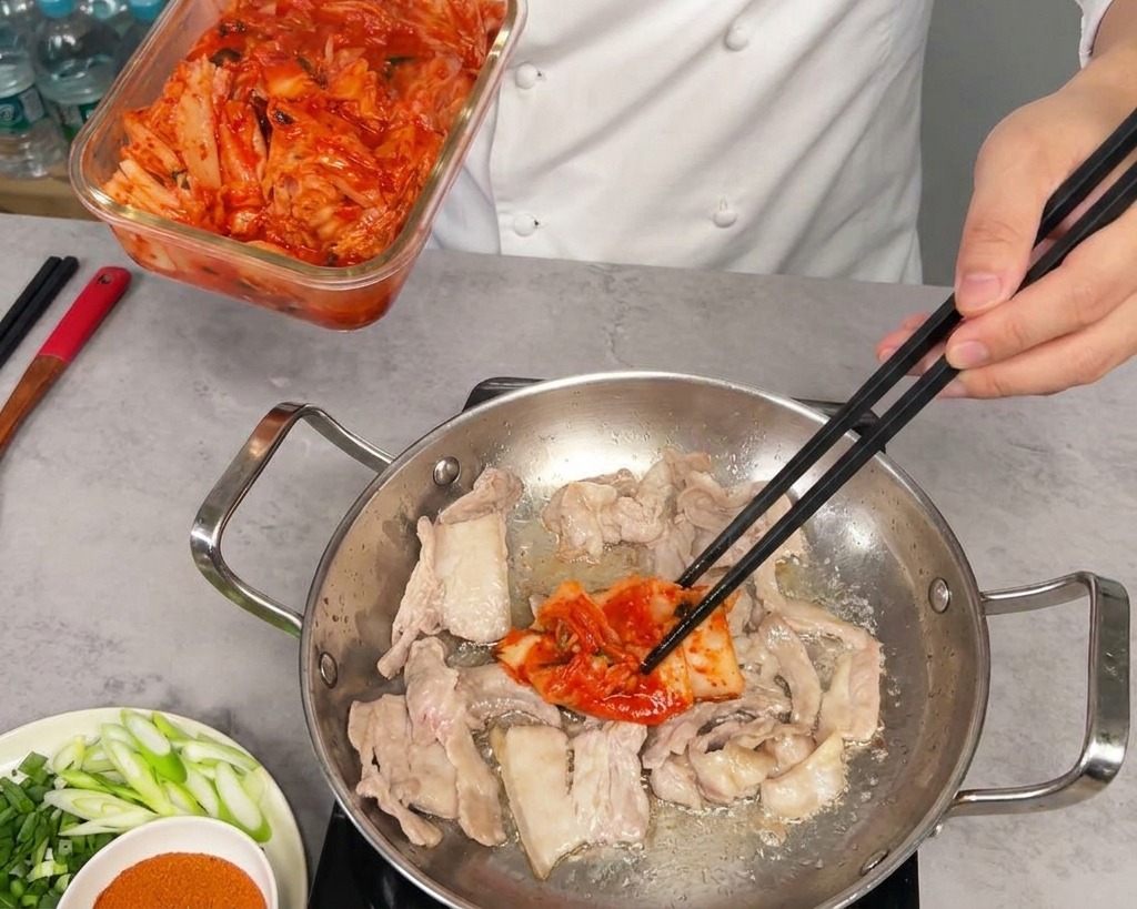 Gehackter roter Kimchi wird aus einem Glasbehälter zum gebräunten Schweinebauch gegeben.