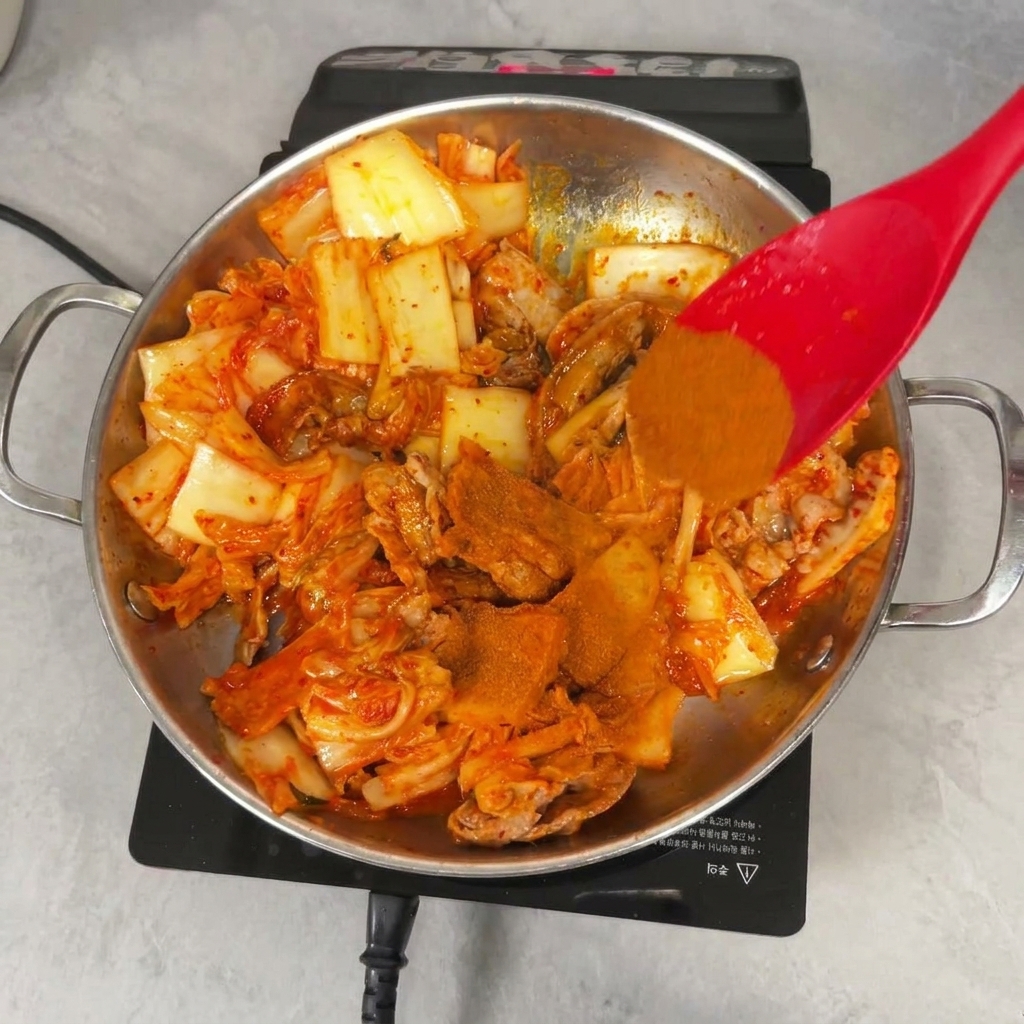 Ein roter Pfannenwender mischt leuchtend rotes Chilipulver unter den Kimchi und das Fleisch.