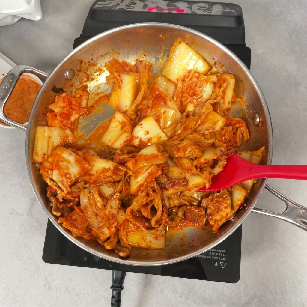 Ein Pfannenwender vermischt Schweinebauch, Kimchi und Chilipulver gleichmäßig in der Pfanne.