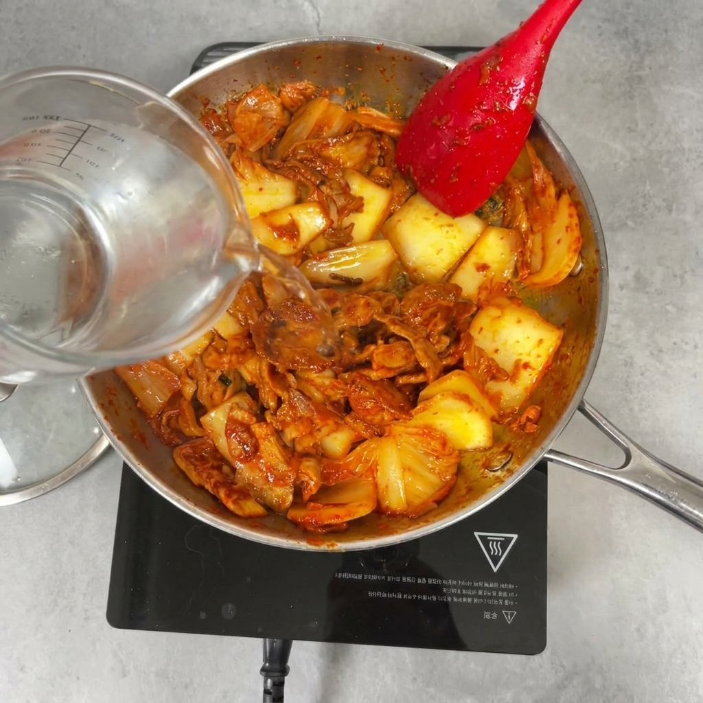 Wasser wird aus einem Messbecher über die Kimchi-Fleisch-Mischung gegossen.