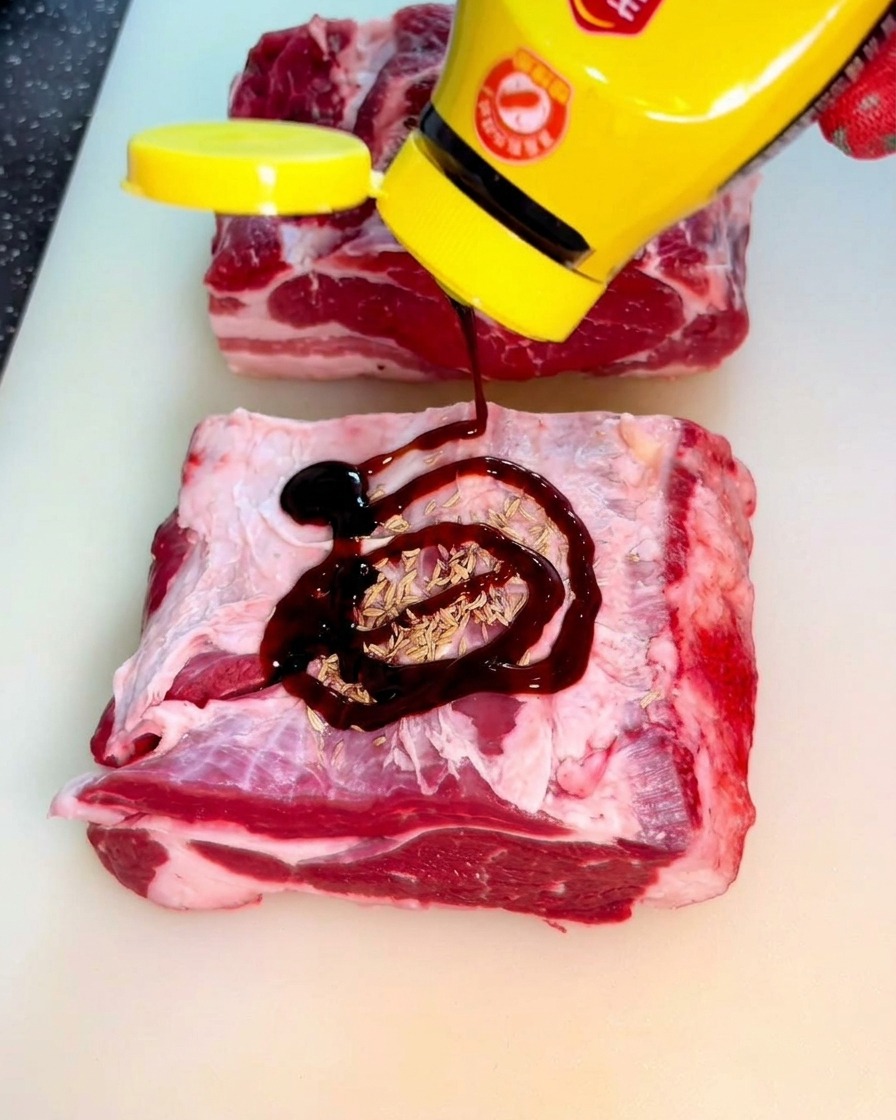 Dicke, dunkle Austernsauce wird aus einer Flasche mit gelbem Deckel auf rohes Rindfleisch gedrückt.