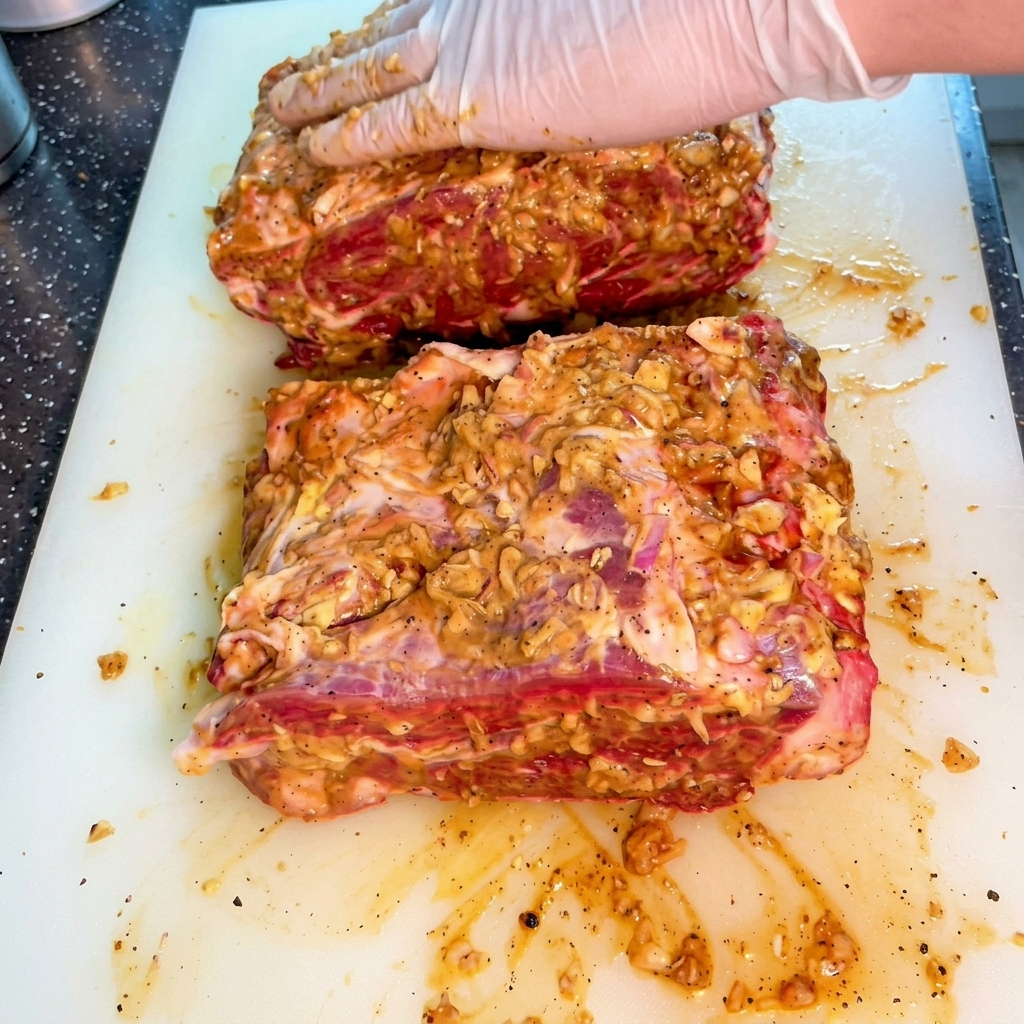 Behandschuhte Hände massieren eine dicke, herzhafte Marinade in große Stücke von rohem Rindfleisch auf einem Schneidebrett.