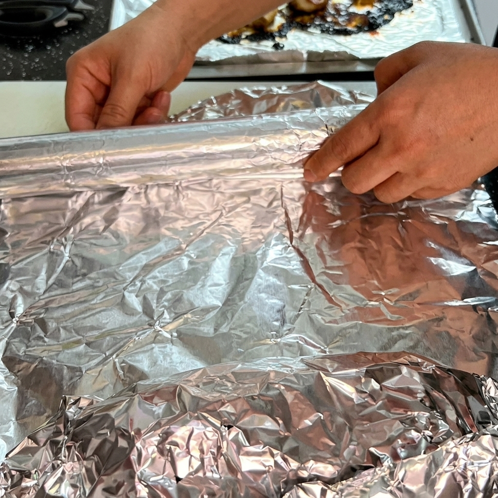 Hände rollen ein Stück Alufolie aus, um ein geröstetes Stück Rindfleisch einzuwickeln.