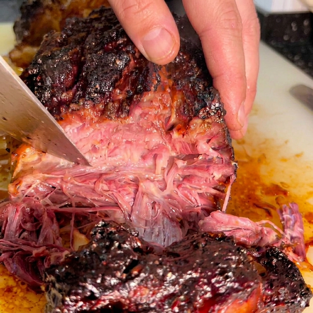 Ein scharfes Messer schneidet durch den dunkel gerösteten Rindernacken und offenbart zartes, rosafarbenes und saftiges Fleisch im Inneren.