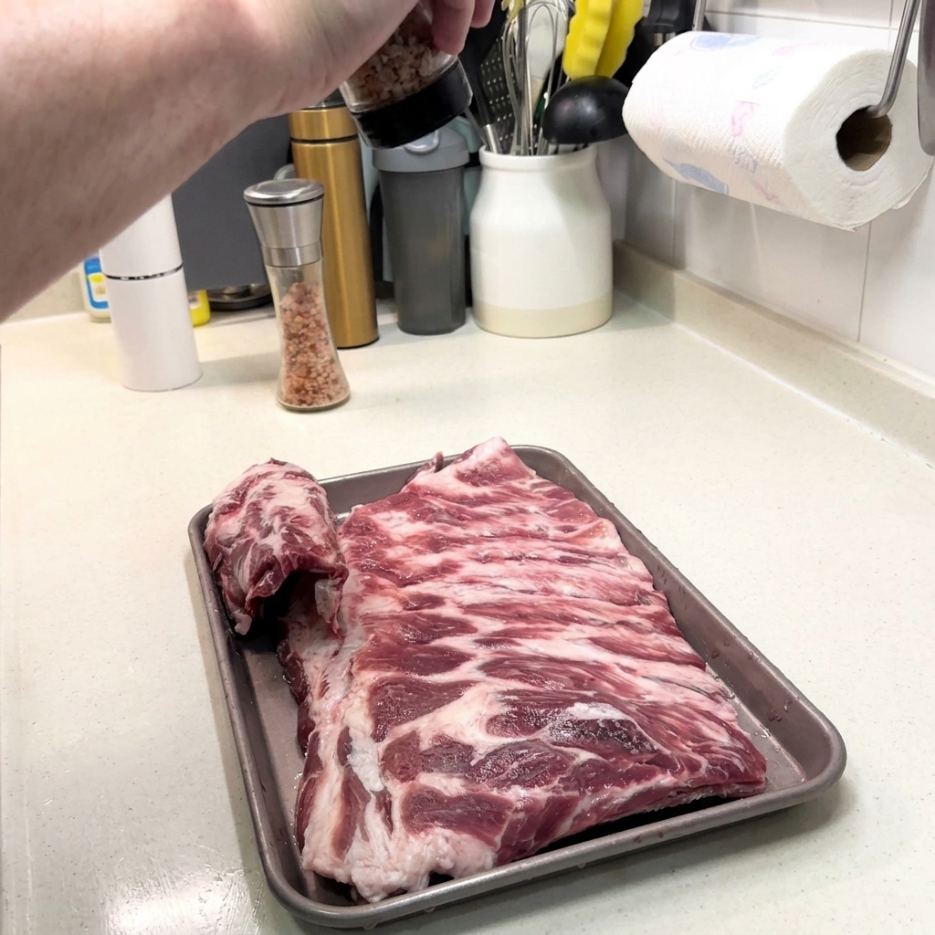 Eine Hand streut mit einer Mühle Salz und schwarzen Pfeffer über ein großes, frisches Rack roher Schweinerippchen auf einem Metallblech.