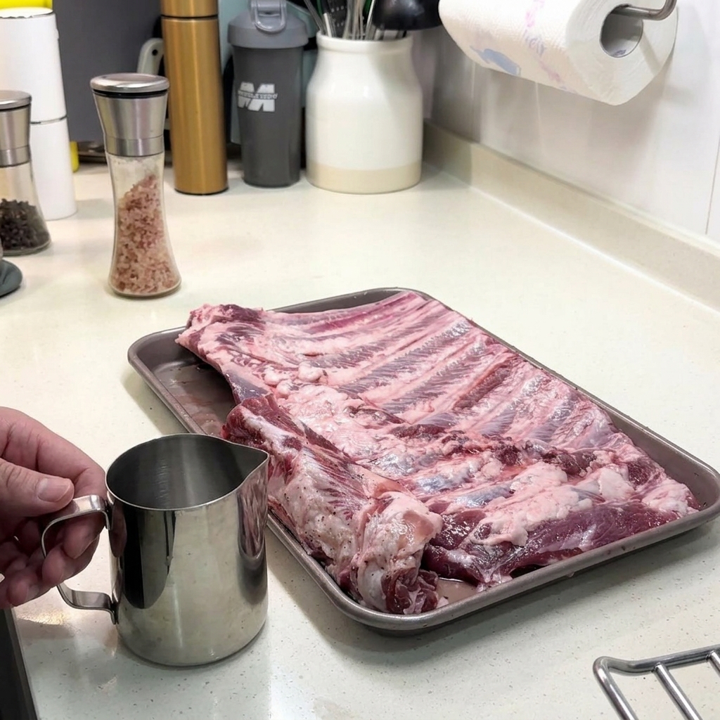 Ein kleiner Metallkrug wird neben ein gewürztes Rack Rippchen gehalten, bereit, Weißweinessig über das Fleisch zu gießen.