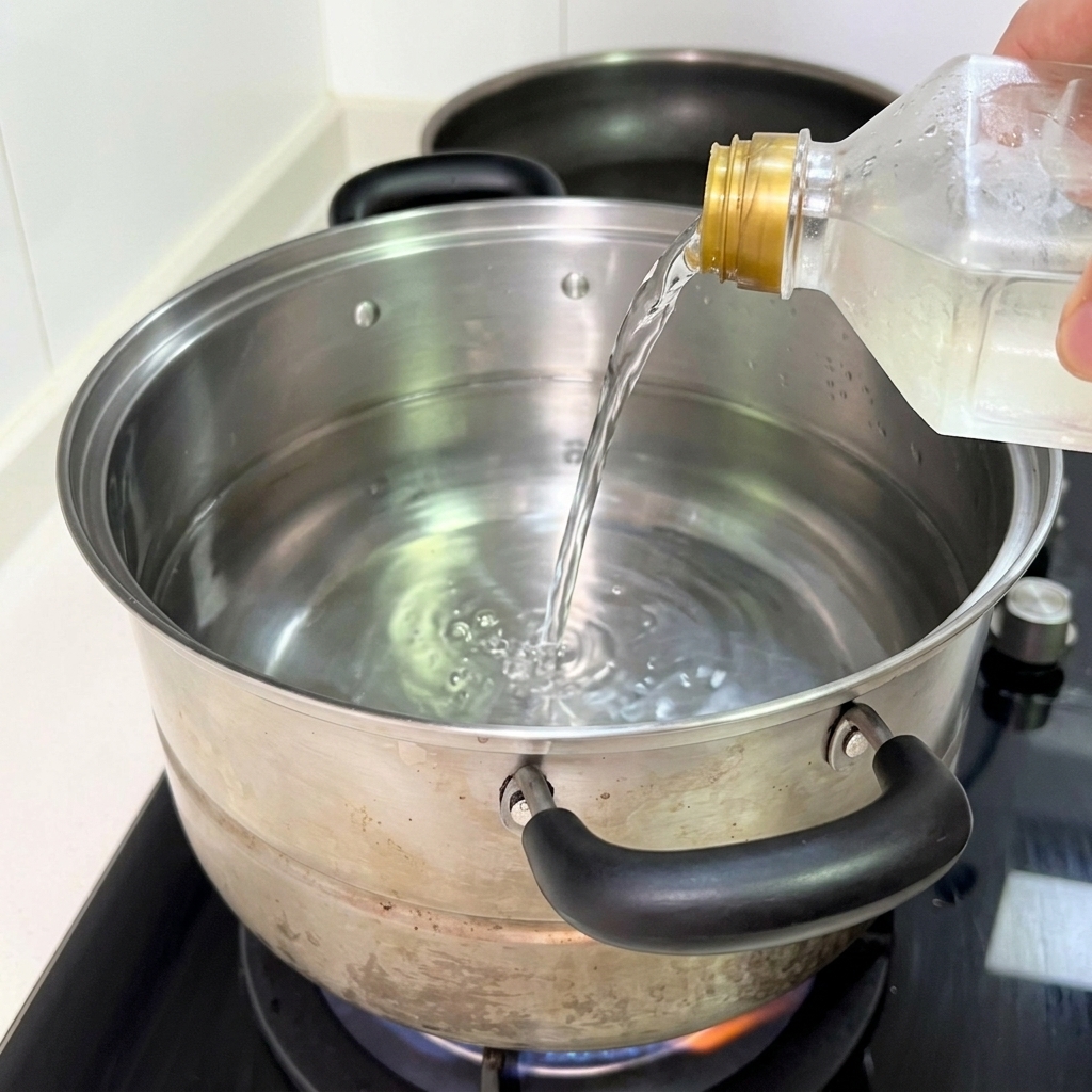 Klare Flüssigkeit wird aus einer Plastikflasche in einen Edelstahltopf mit Wasser auf dem Herd gegossen.