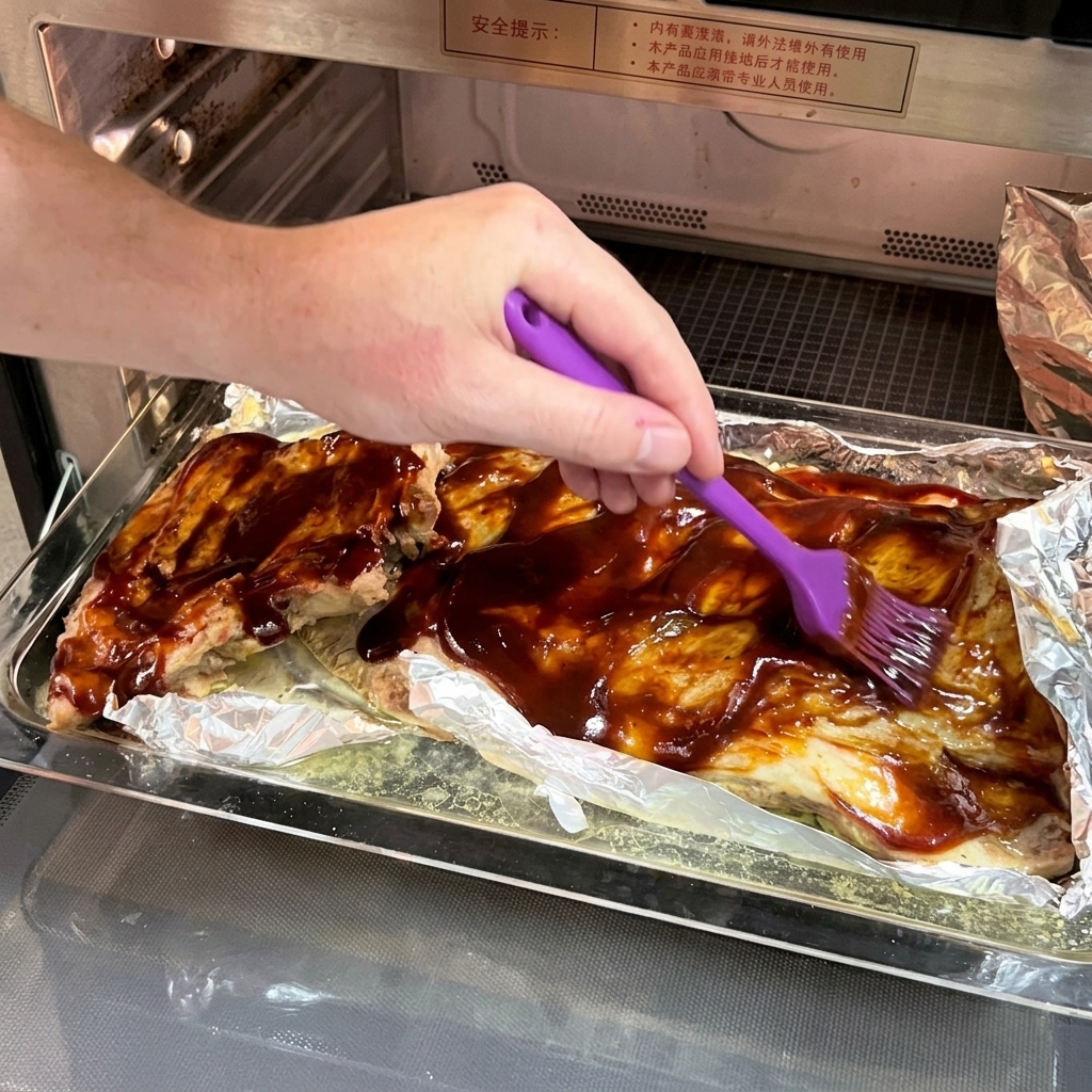 Eine Hand streicht mit einem violetten Silikonpinsel dunkle BBQ-Sauce gleichmäßig über ein Rack gebackener Rippchen auf einem geöffneten Stück Folie.