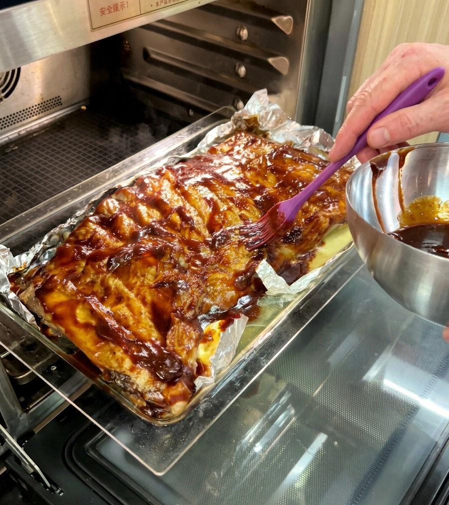 Eine Person schiebt ein Blech mit Rippchen, die von dicker rötlich-brauner BBQ-Sauce bedeckt sind, zurück in einen professionellen Ofen.