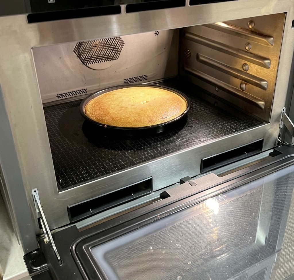 Ein rundes, goldbraunes Maisbrot in einer Backform im Ofen, bereit für die Garprobe.