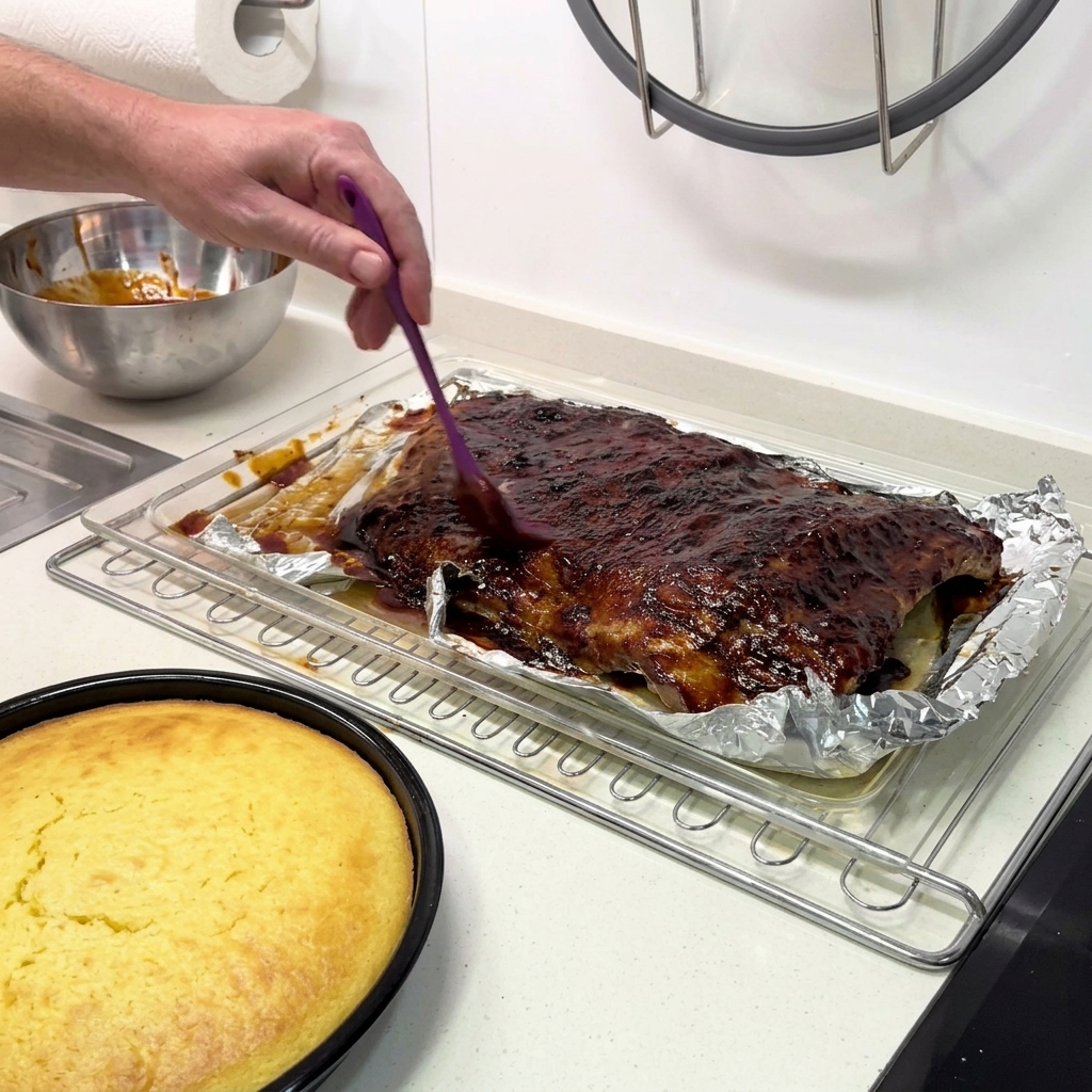Eine Hand trägt mit einem violetten Silikonpinsel eine dicke, glänzende BBQ-Sauce auf ein großes Stück Rippchen auf einem Kuchengitter auf.