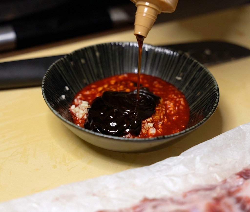 Dunkle Chu-Hou-Paste wird aus einer Flasche in die Schüssel mit der roten Marinade gedrückt.