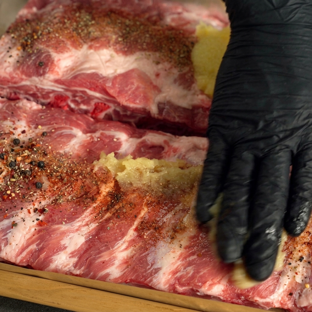 Eine Hand mit schwarzem Handschuh massiert Knoblauch und Gewürze intensiv in die Schweinerippchen ein.