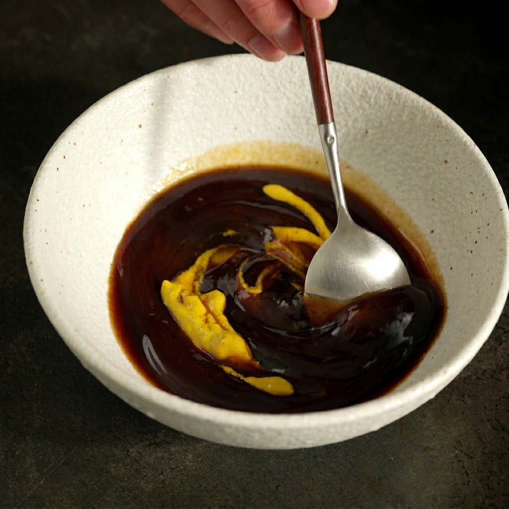 Ein Metalllöffel rührt die Mischung aus BBQ-Sauce, Senf und Honig in einer Schüssel glatt.
