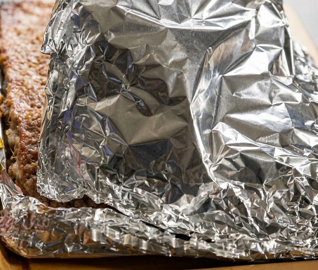 Hände öffnen die Alufolie und geben den Blick auf die saftigen, vorgegarten Rippchen frei.