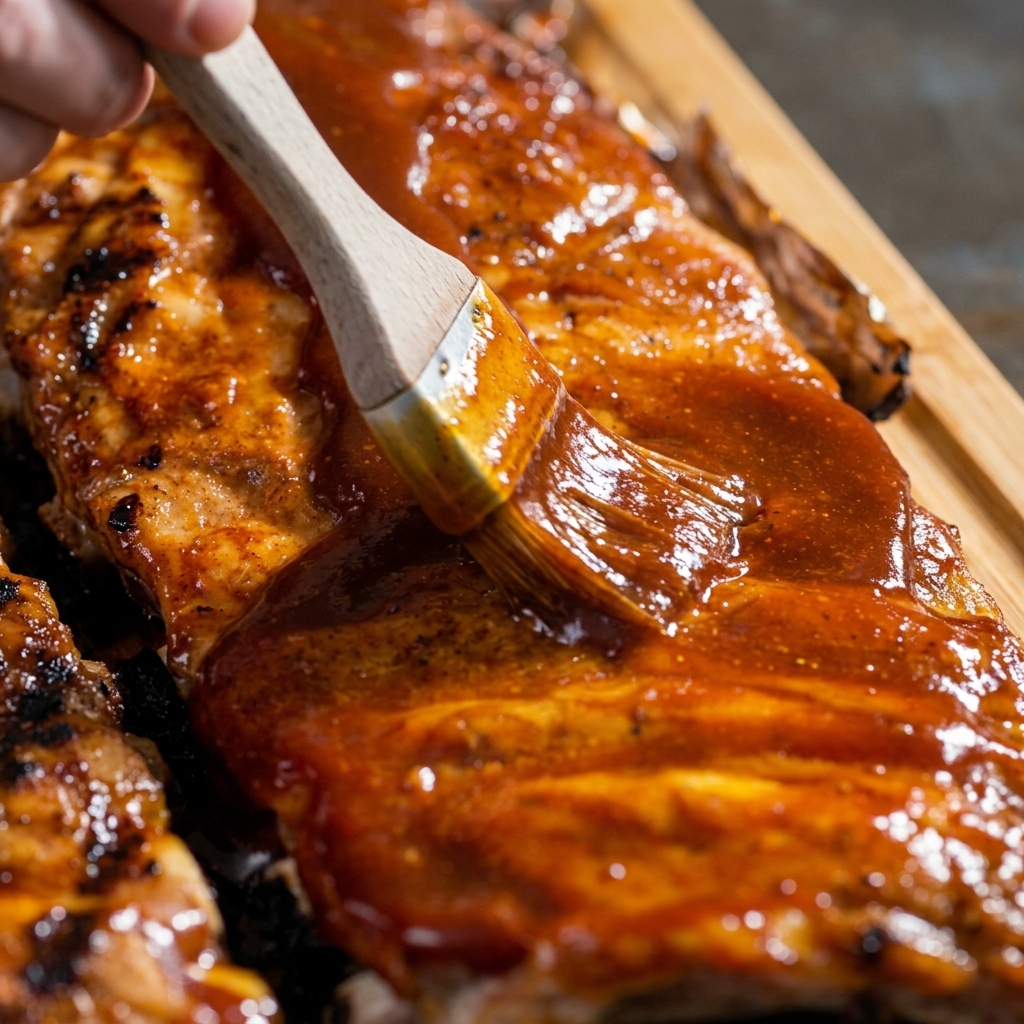 Ein Backpinsel verteilt die glänzende BBQ-Glasur auf den gegarten Rippchen auf dem Backblech.
