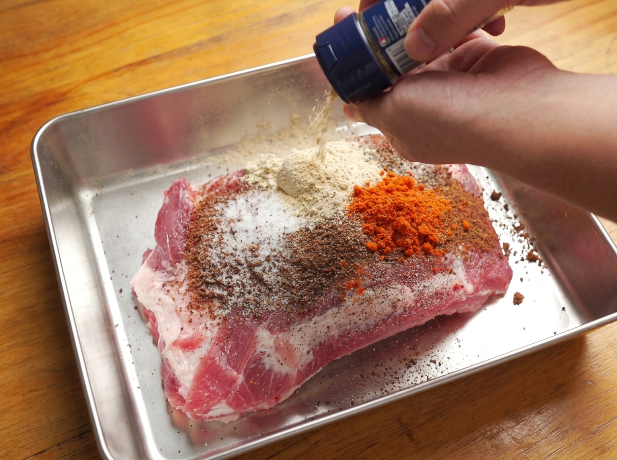 Hände streuen Gewürze und Senfpulver über ein großes Stück rohe Schweinerippchen.