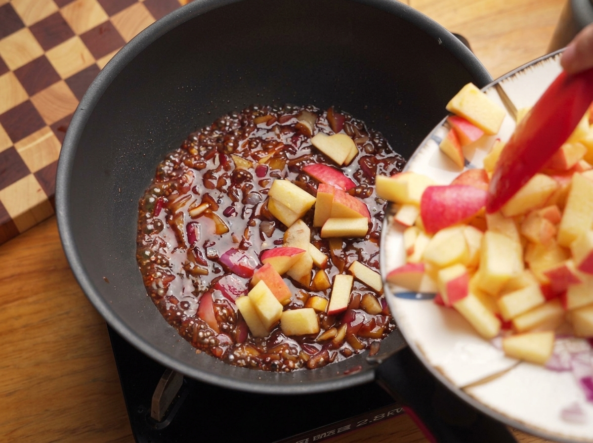Grob gewürfelte Apfelstücke werden in die köchelnde dunkle BBQ-Sauce gegeben.