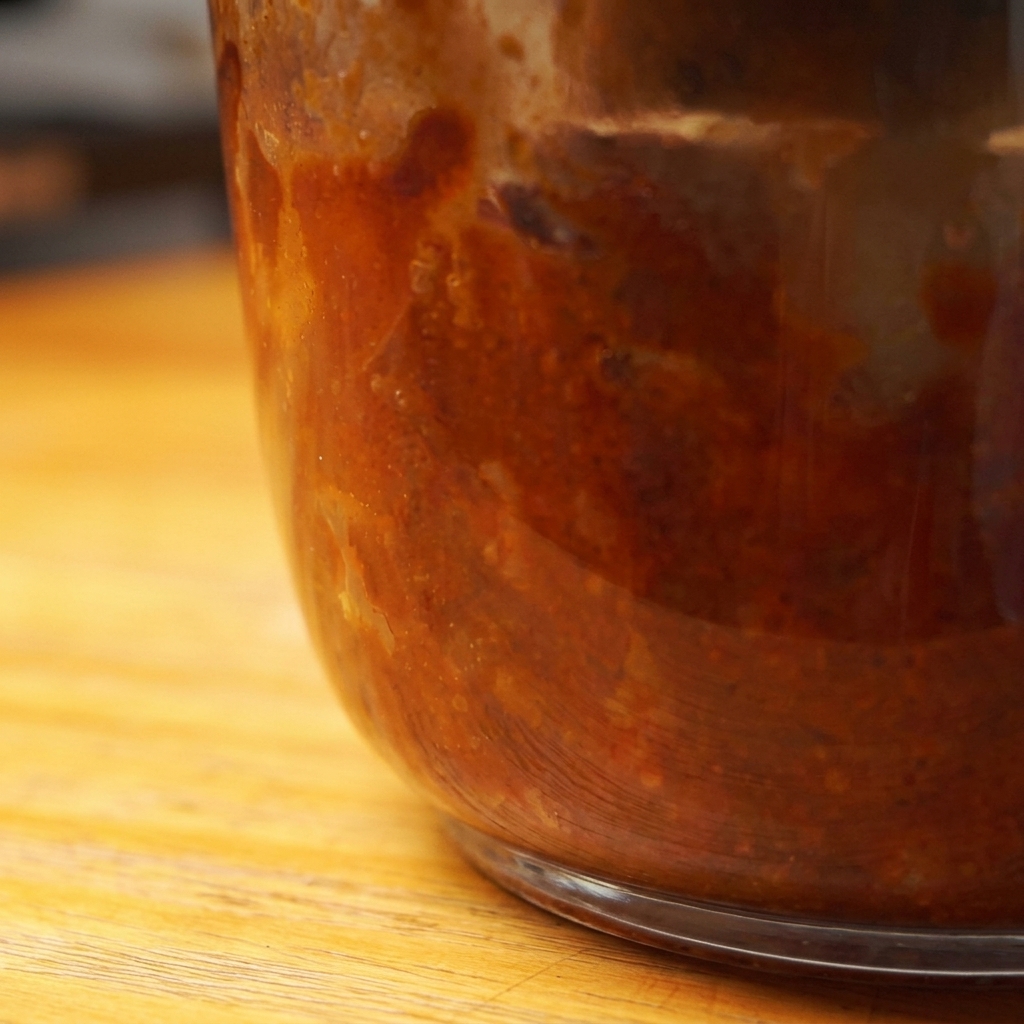Dicke, glatt gemixte Apfel-BBQ-Sauce in einem Mixerbehälter.