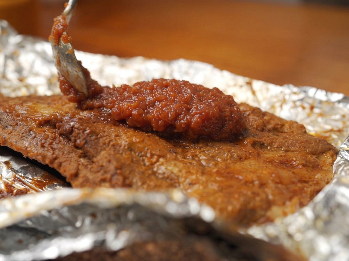 Ein Löffel verteilt die dicke Apfel-BBQ-Sauce auf den vorgegarten Schweinerippchen.