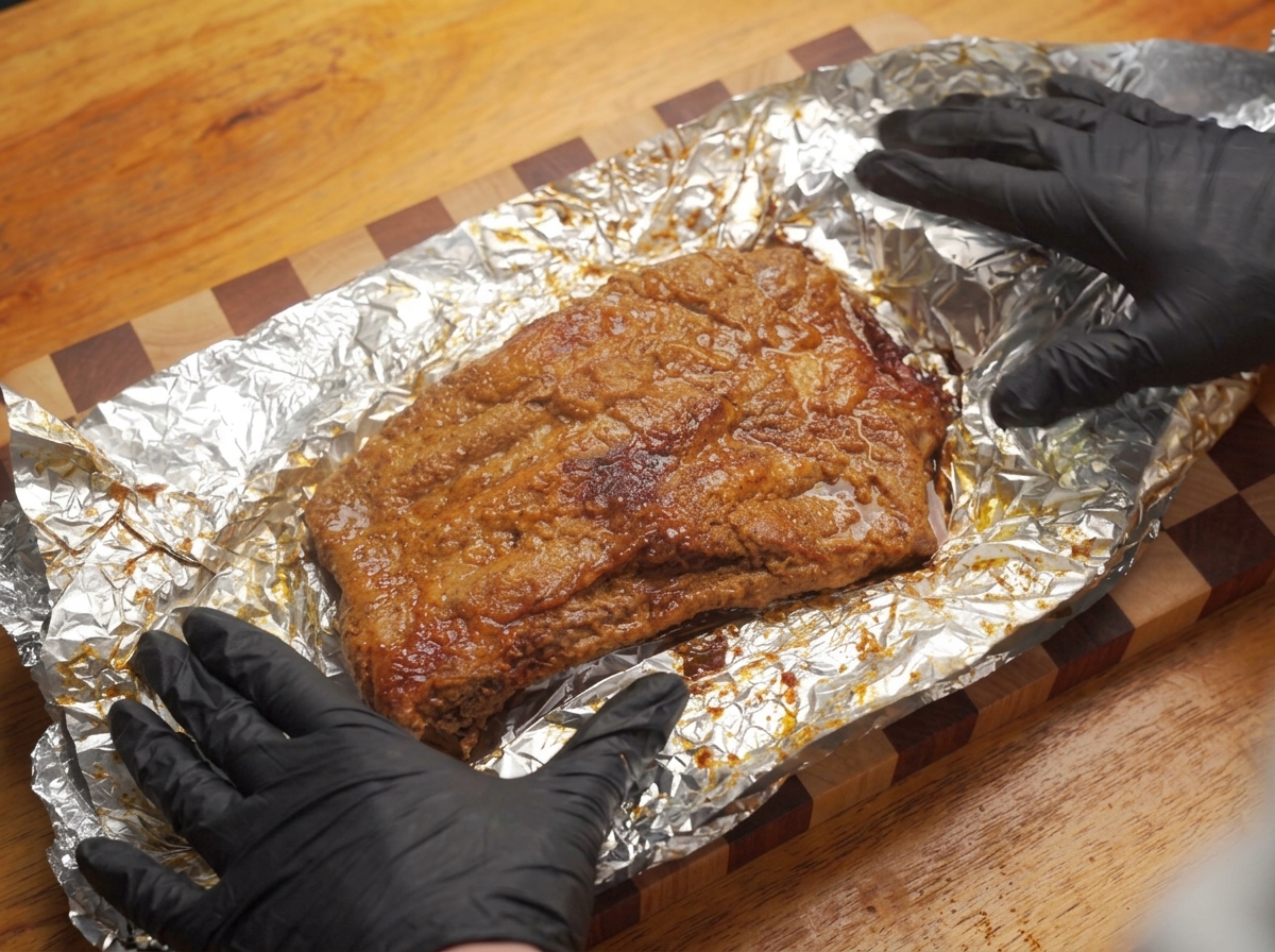 Hände in Handschuhen verstreichen die rote Sauce gleichmäßig auf den Rippchen.