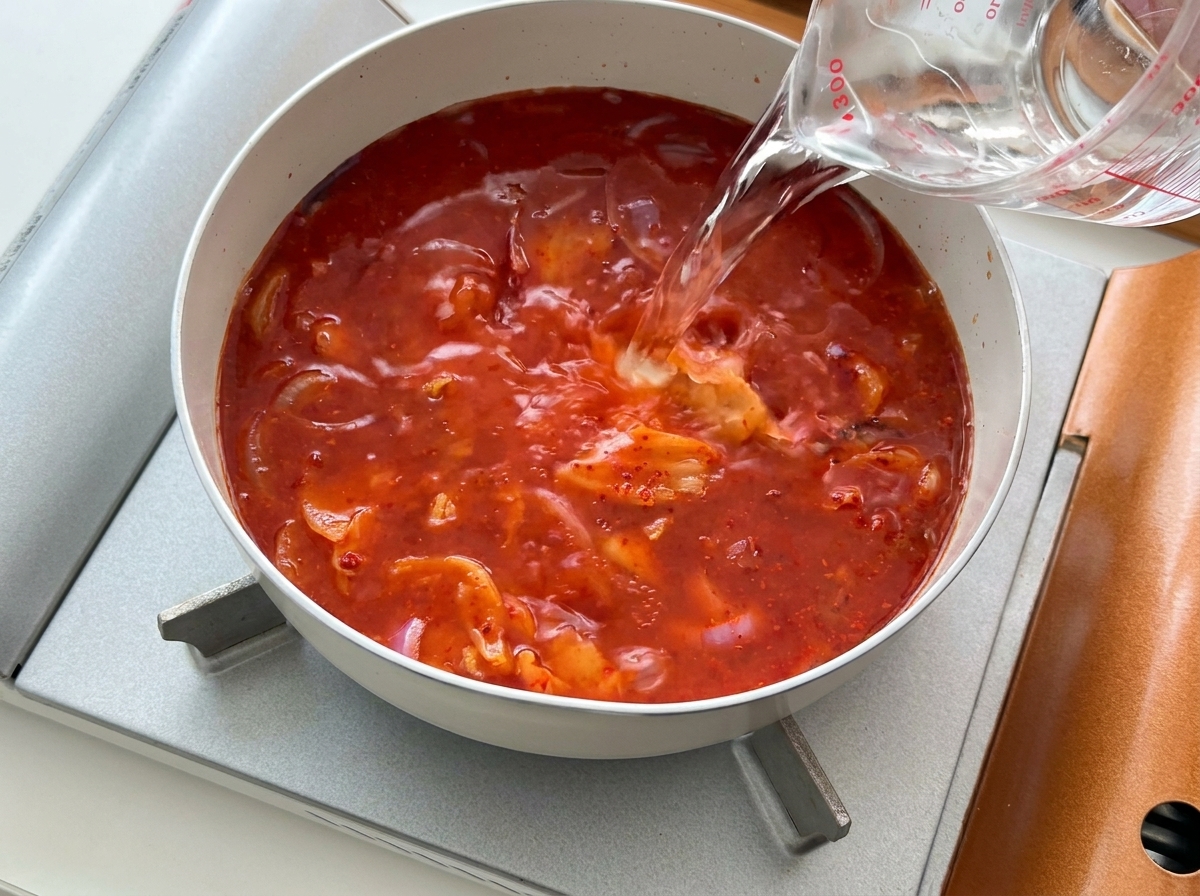 Klares Wasser wird aus einem Messbecher in die Pfanne mit der roten Brühe und dem Kimchi gegossen.