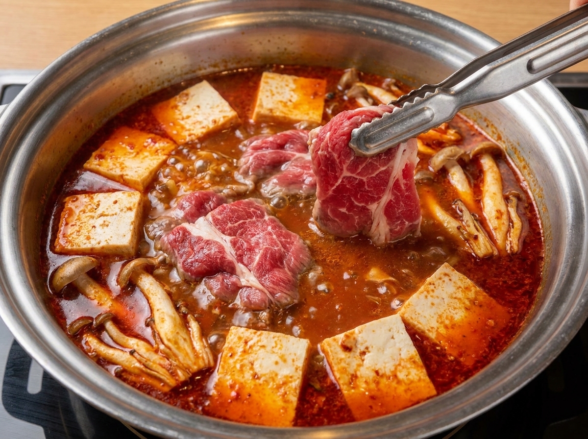 Metallzangen legen dünne Rindfleischscheiben in einen heißen Topf mit roter Brühe, Tofu und Pilzen.