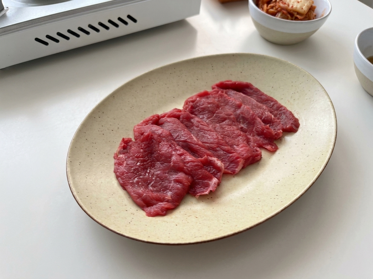Dünn geschnittenes rohes Rindfleisch, ordentlich auf einem ovalen Keramikteller angerichtet.