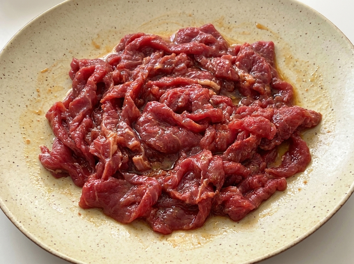 Rohe Rindfleischscheiben, die vollständig mit einer glänzenden Marinade aus Sojasauce, Austernsauce und Stärke überzogen sind.