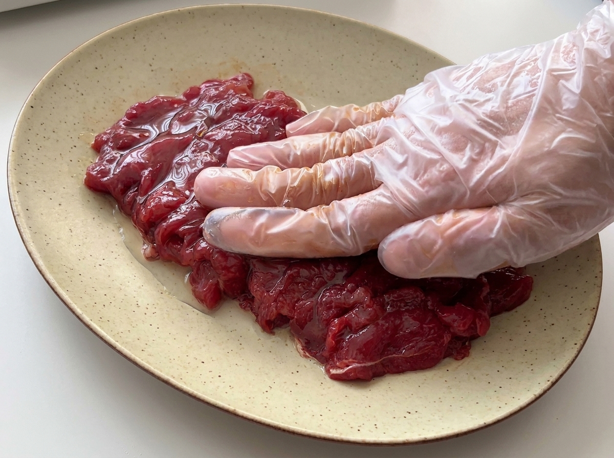 Eine Hand mit Plastikhandschuh drückt marinierte Rindfleischscheiben flach auf einen Teller.