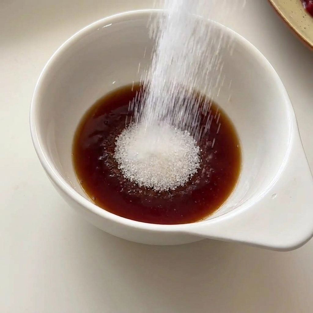 Weißer Zucker wird in eine kleine Schüssel mit dunkler Sojasauce geschüttet.